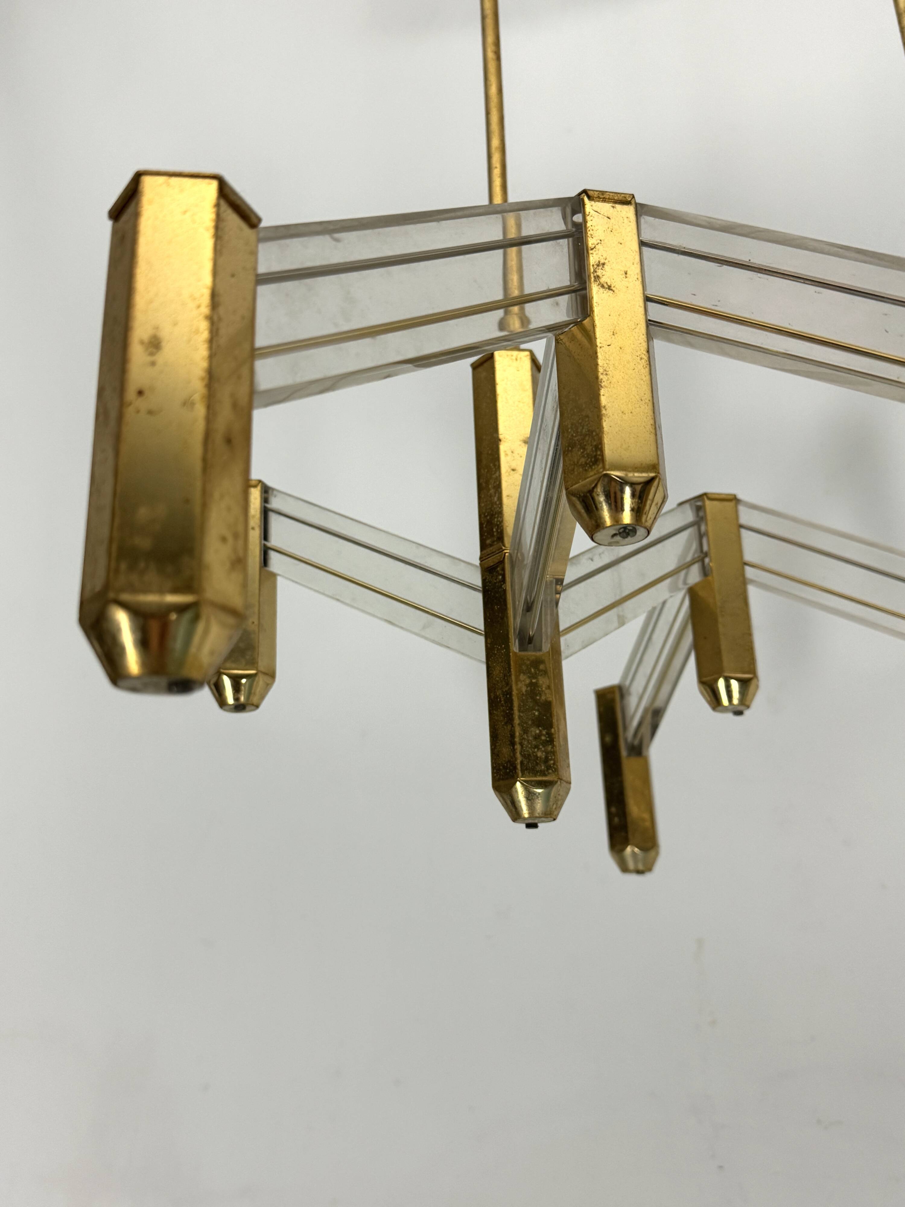 Vintage Italian brass and perspex chandelier by Zeroquattro from 70s