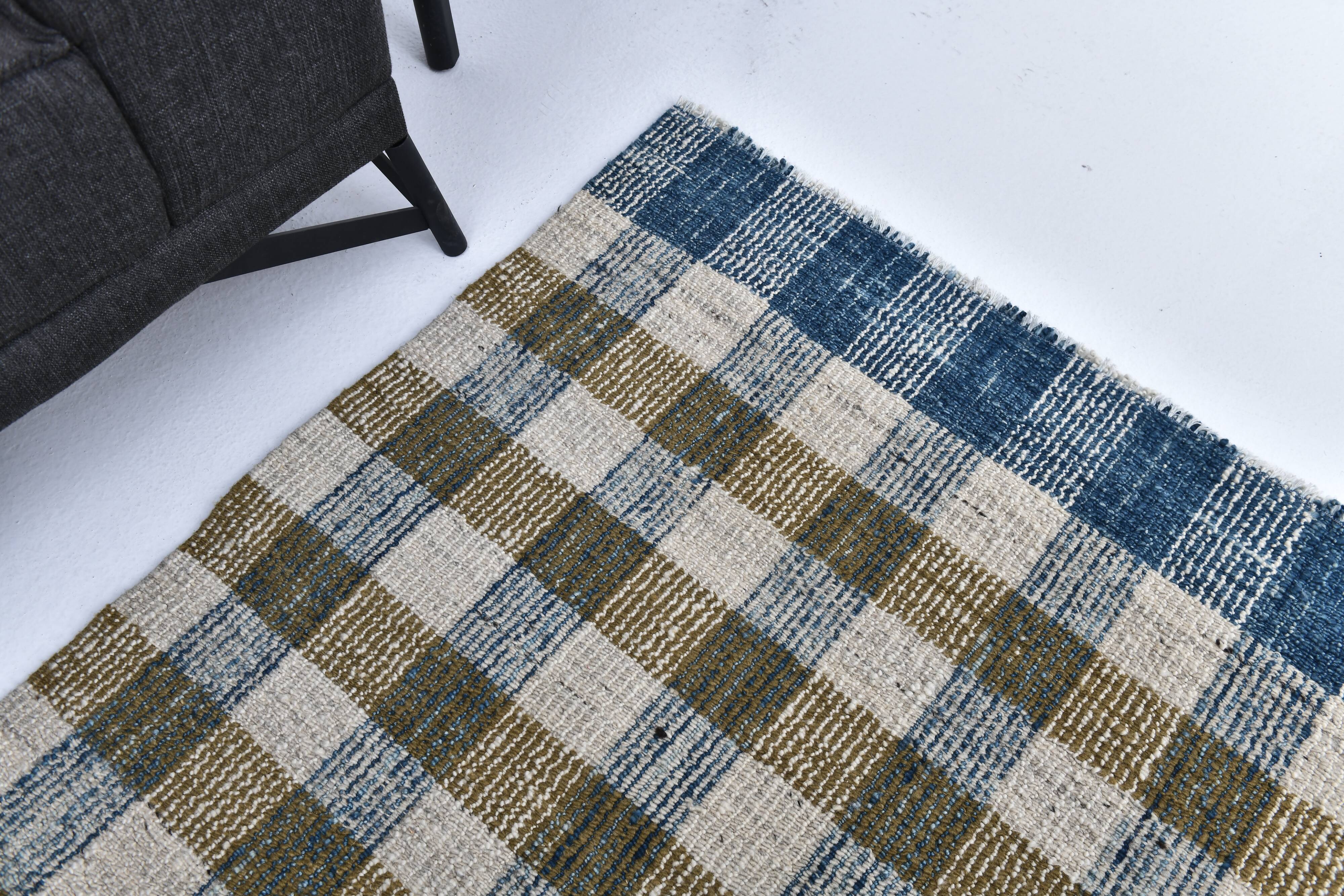 scandinavian kilim 290x190 cm , blue beige and  mustard colour.