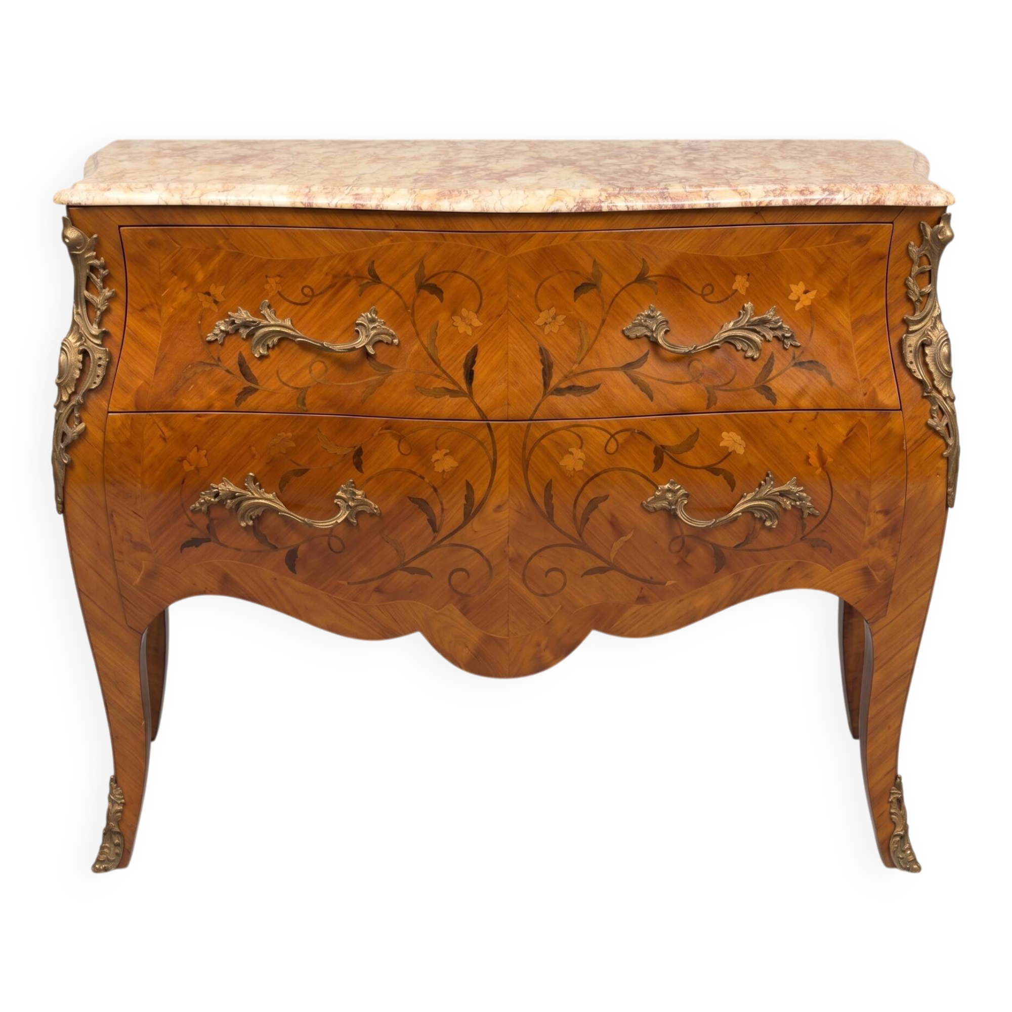 Louis XV style commode with marquetry and marble.