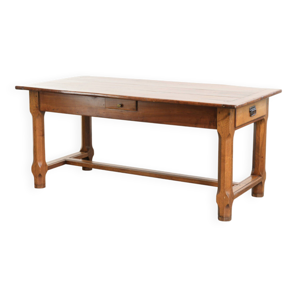 Table à manger française du XVIIIe siècle avec un plateau en bois de fruitier et une base en chêne.