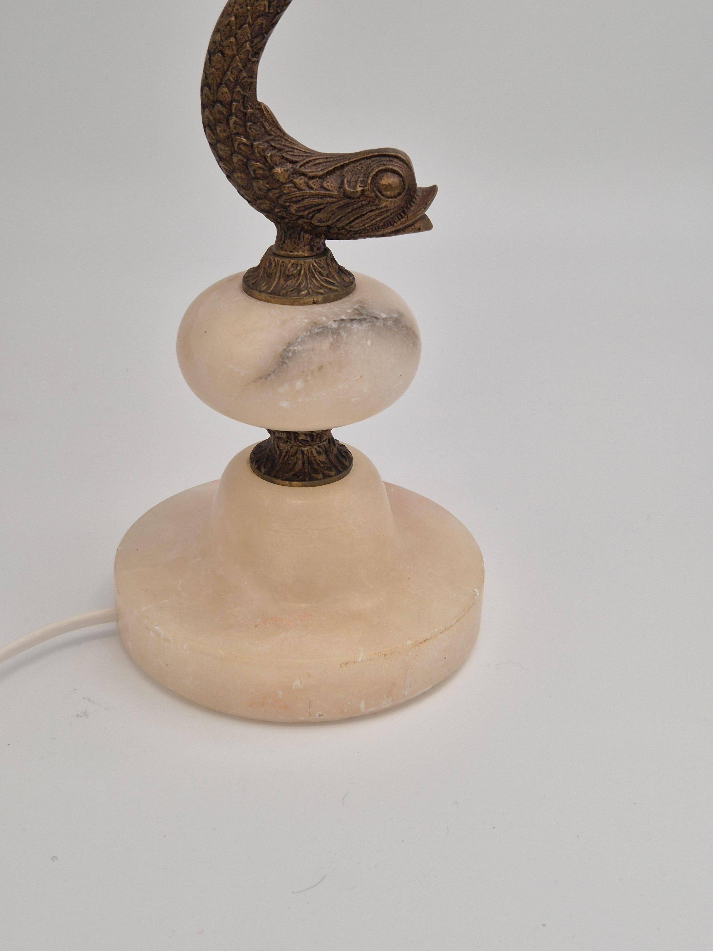 Sculptural table lamp in alabaster with fish/dolphin decoration, Swedish Grace