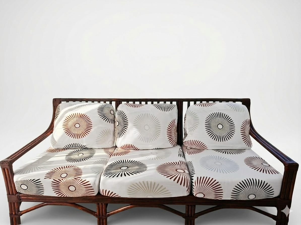 3-seater canapé MAUGRION – Rattan, leather ties – Vintage