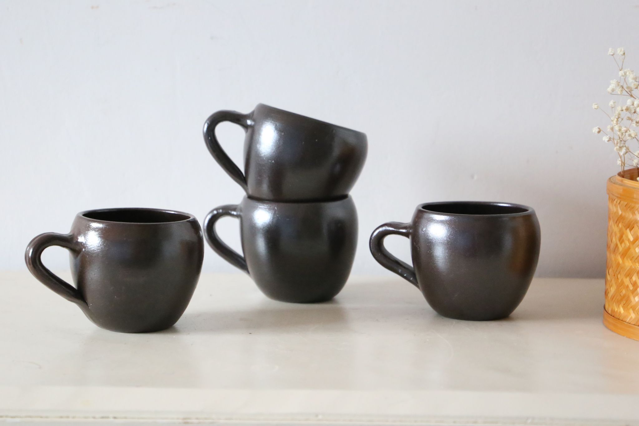 Set of 4 cups of sandstone, handmade pottery, vintage, 1980