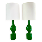 Pair of Philippe Capelle green turned wood bedside lamps - 1970.