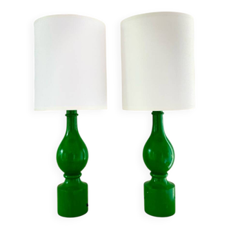 Pair of Philippe Capelle green turned wood bedside lamps - 1970.