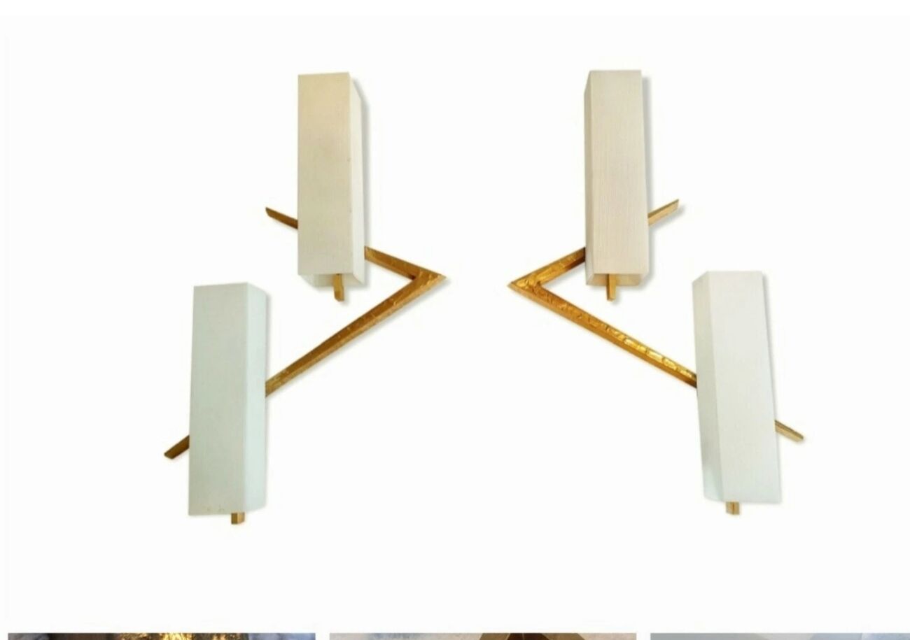 Arlus pair of wall sconces in gilt bronze and opaline glass, 1950