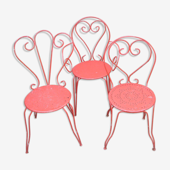 Set de 3 fauteuils + 2 chaises en fer rouge de 1950/60
