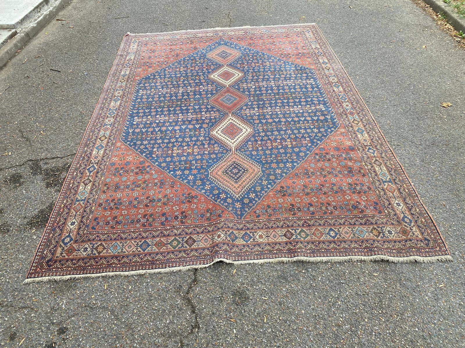 Handmade Yalameh Persian rug 200x300 indigo blue terracotta
