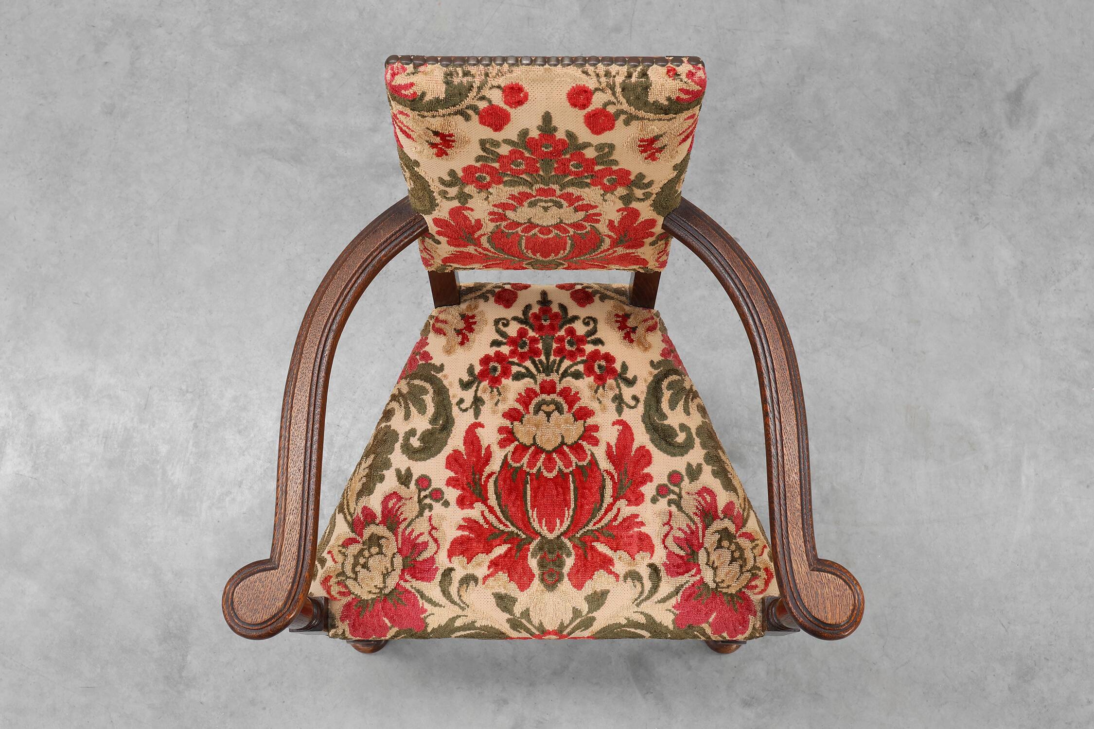 Antique oak Louis XIII style chair with floral upholstery, France ca. 1890