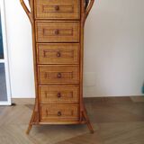 Semainier 6 tiroirs en bois, bambou et rotin tressé, années 60