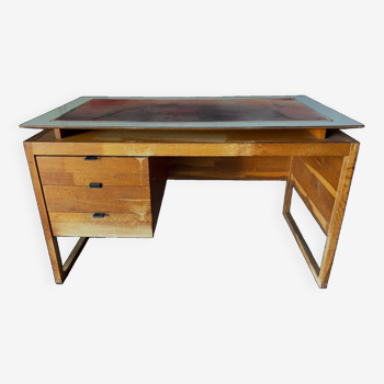 Desk with three drawers, French work, leather draw rings, 1960