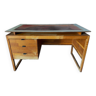 Desk with three drawers, French work, leather draw rings, 1960