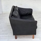 1970s, Danish 2-seater sofa, original black furniture leather, teak wood.