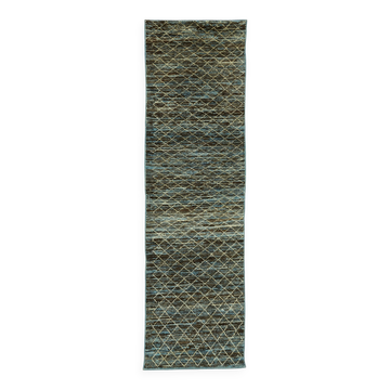 Handwoven Tribal One of a Kind 91 cm x 297 cm Blue Wool Runner Carpet