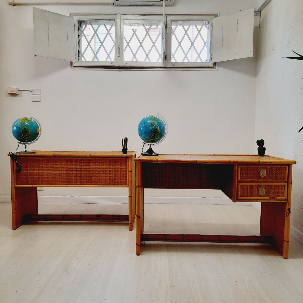 Pair of wicker and bamboo desks, Dal Vera, vintage