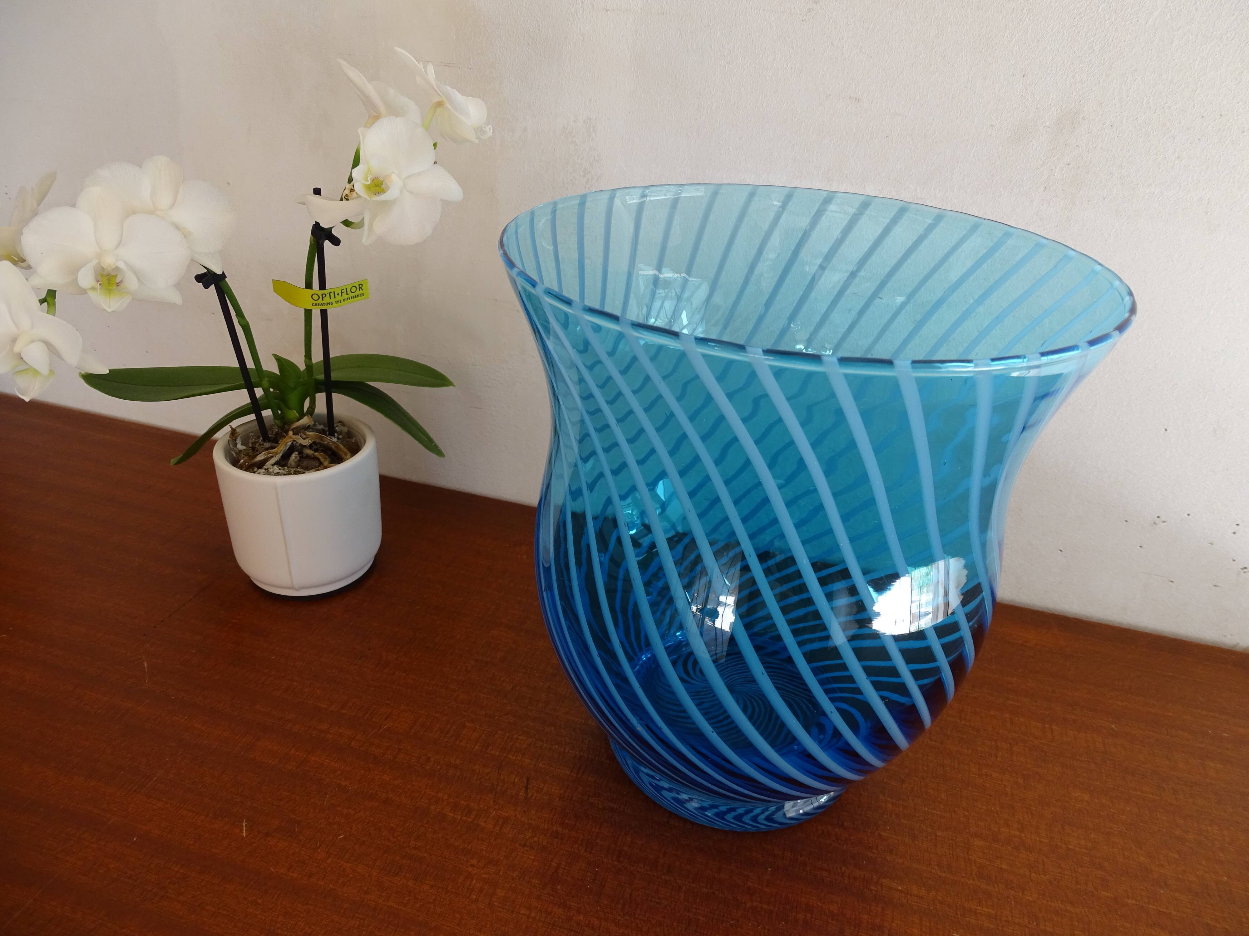 Blue spiral blown glass vase