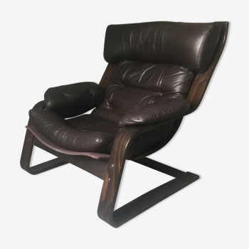 Fauteuil inclinable en cuir et bois par Göte Möbel Suède années 1970