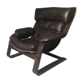 Leather and wood recliner armchair by Göte Möbel Sweden 1970s