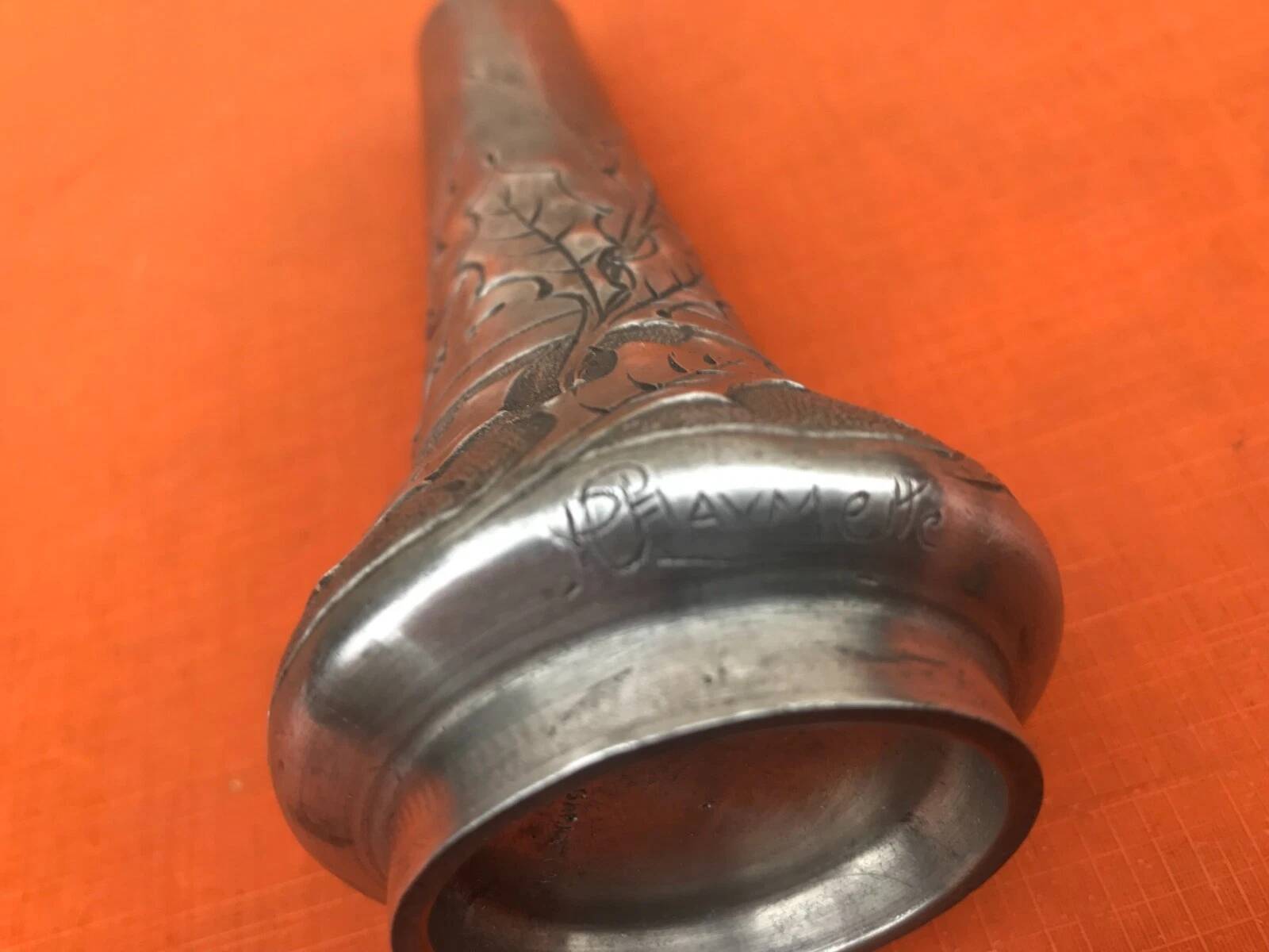 Art Nouveau soliflore vase by P. Chaumette, pewter, oak leaf decoration