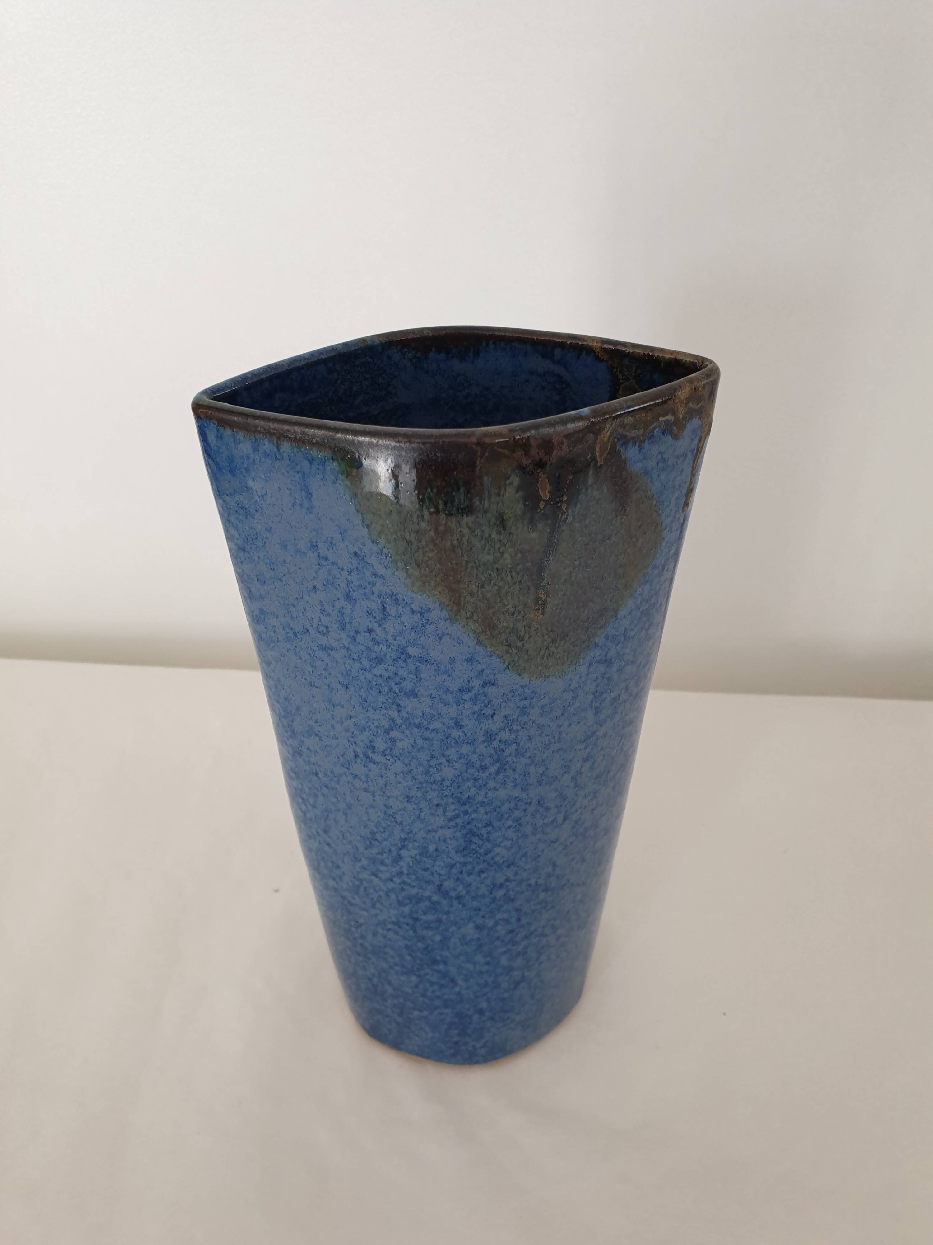 Ceramic vase with blue glaze 25cm Signed Jean Cacheleux Puisaye