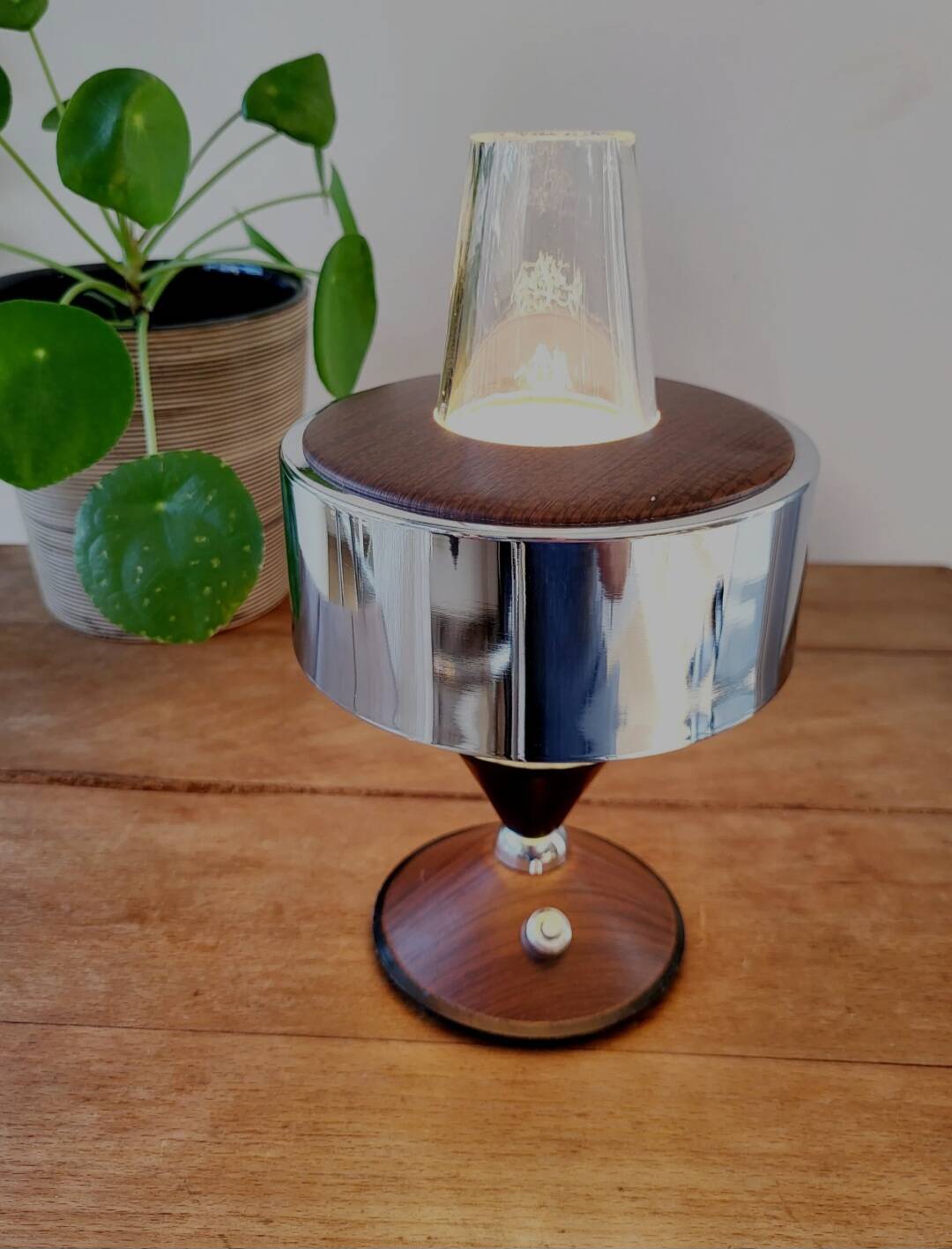Wooden table lamp with chrome finish, 1950s