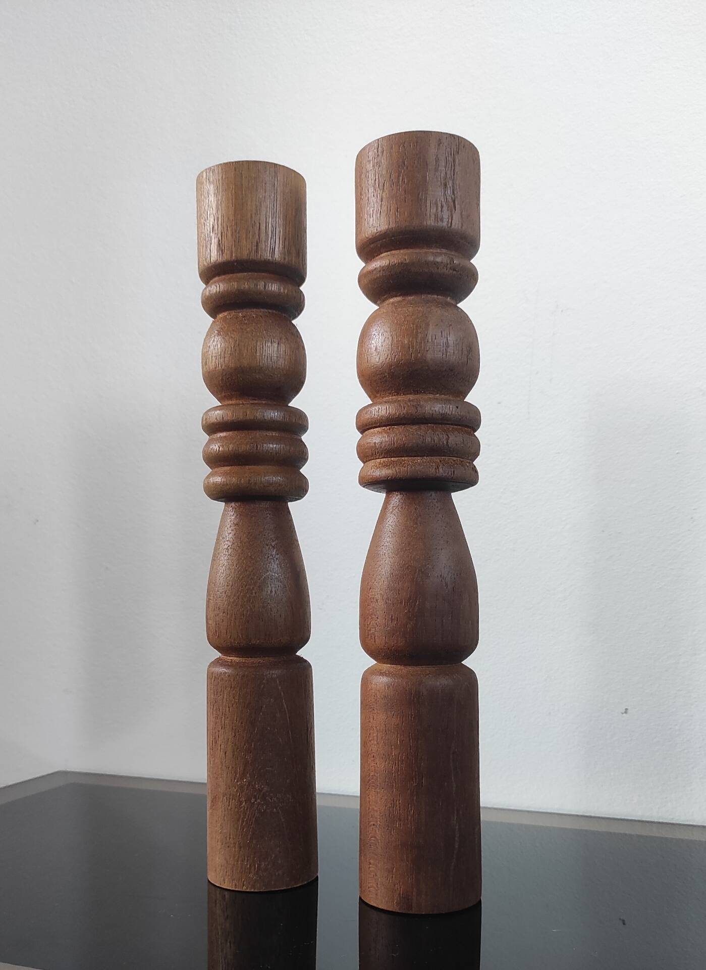 Brutalist turned wood candlestick pair