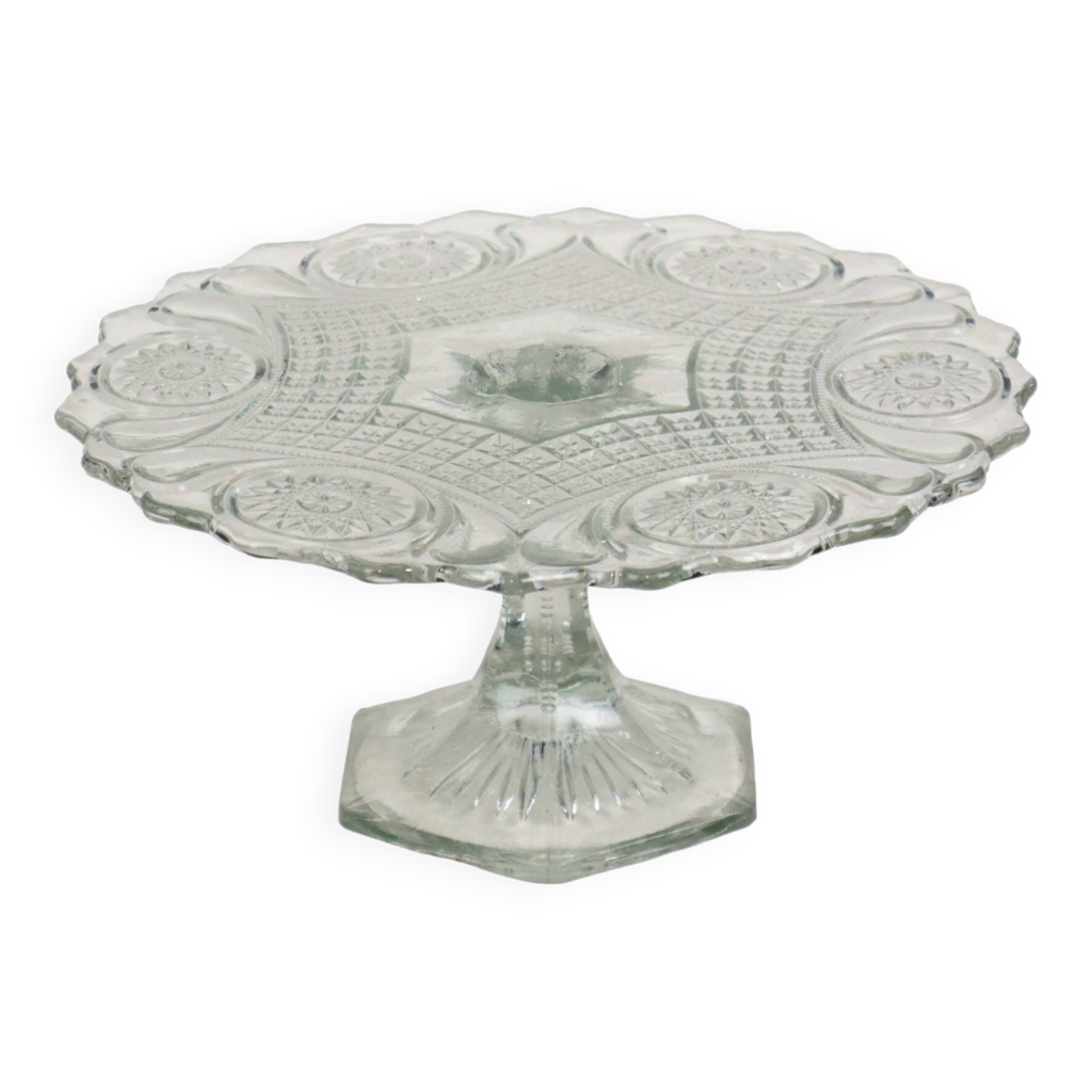 Clear Art Deco Cake Stand Pressed Glass Star Motif Cake Stand
