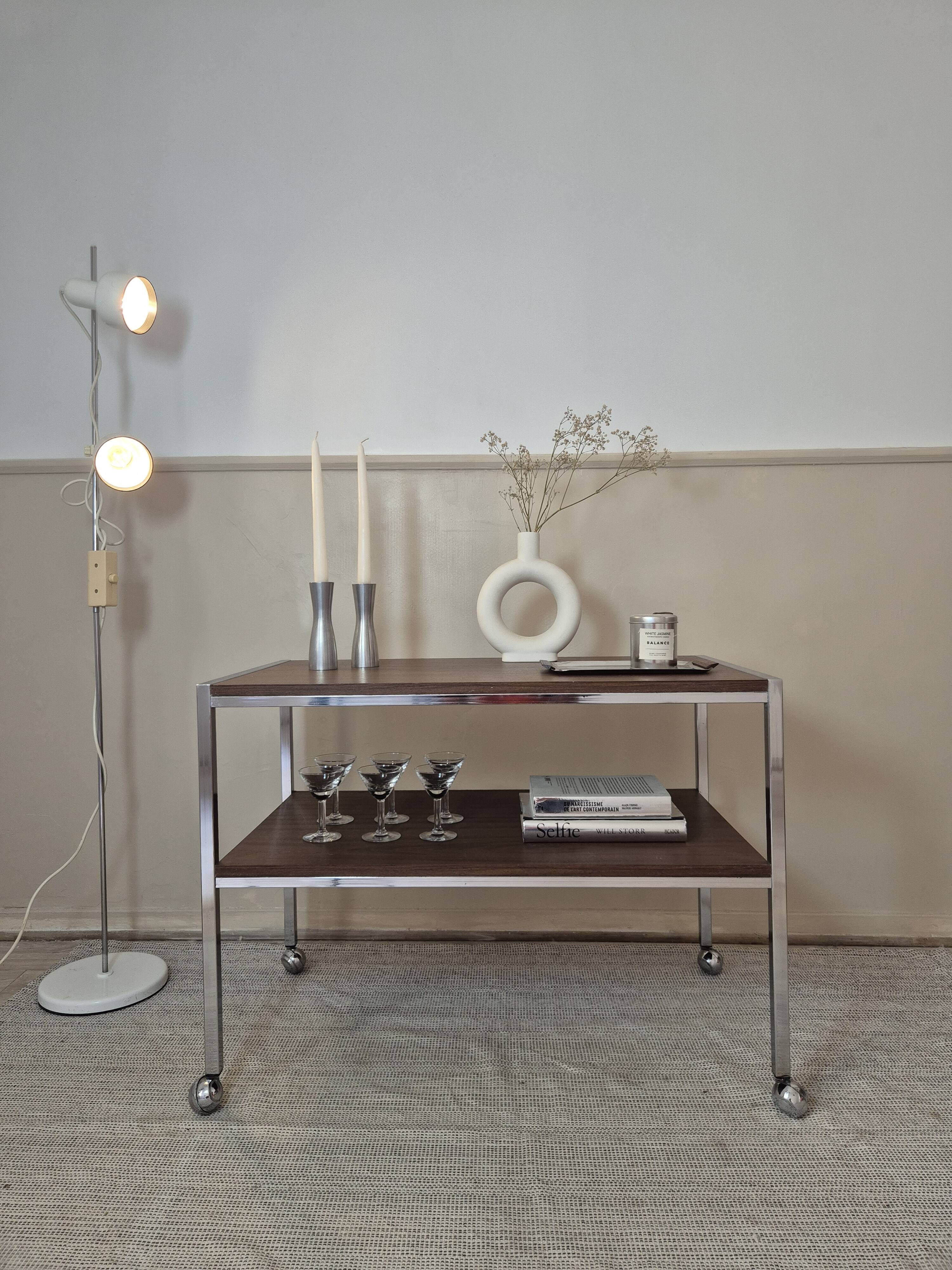 Vintage chrome metal and wood rolling dessert trolley from the 70s-80s.
