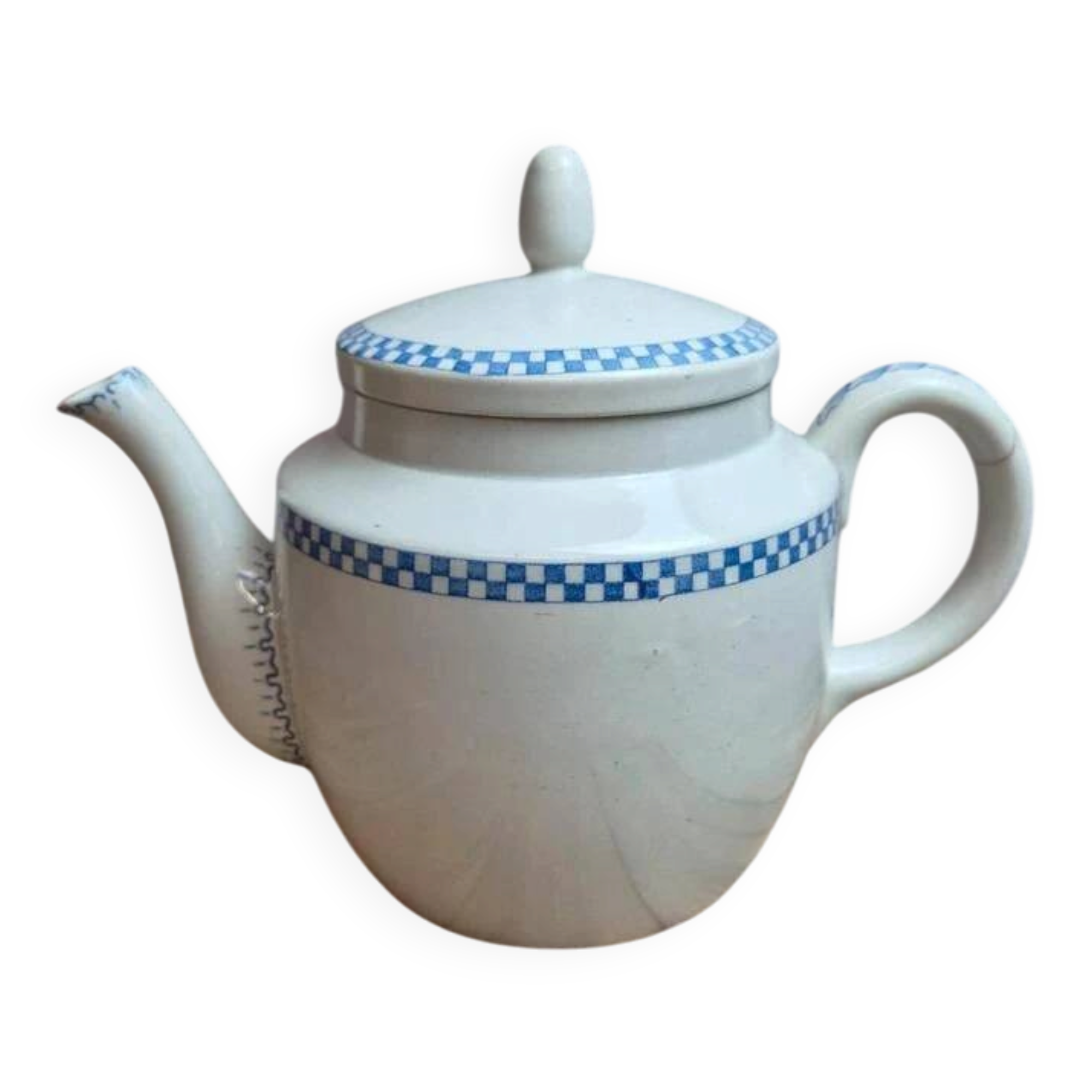 Antique teapot Terre de Fer Opaque from Sarreguemines – Blue checkerboard frieze