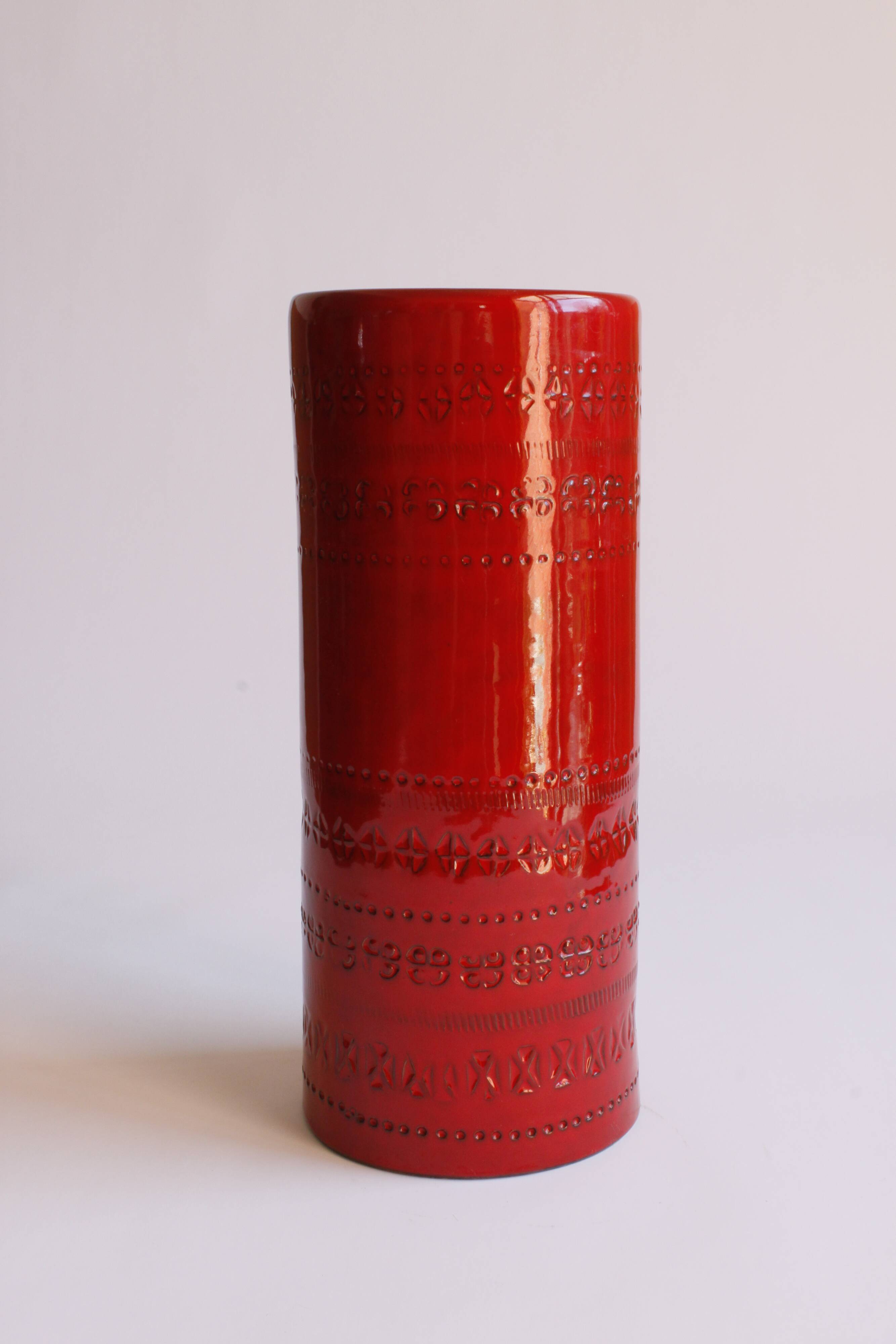 Cylindrical red ceramic vase by Aldo Londi for Bitossi, Italy