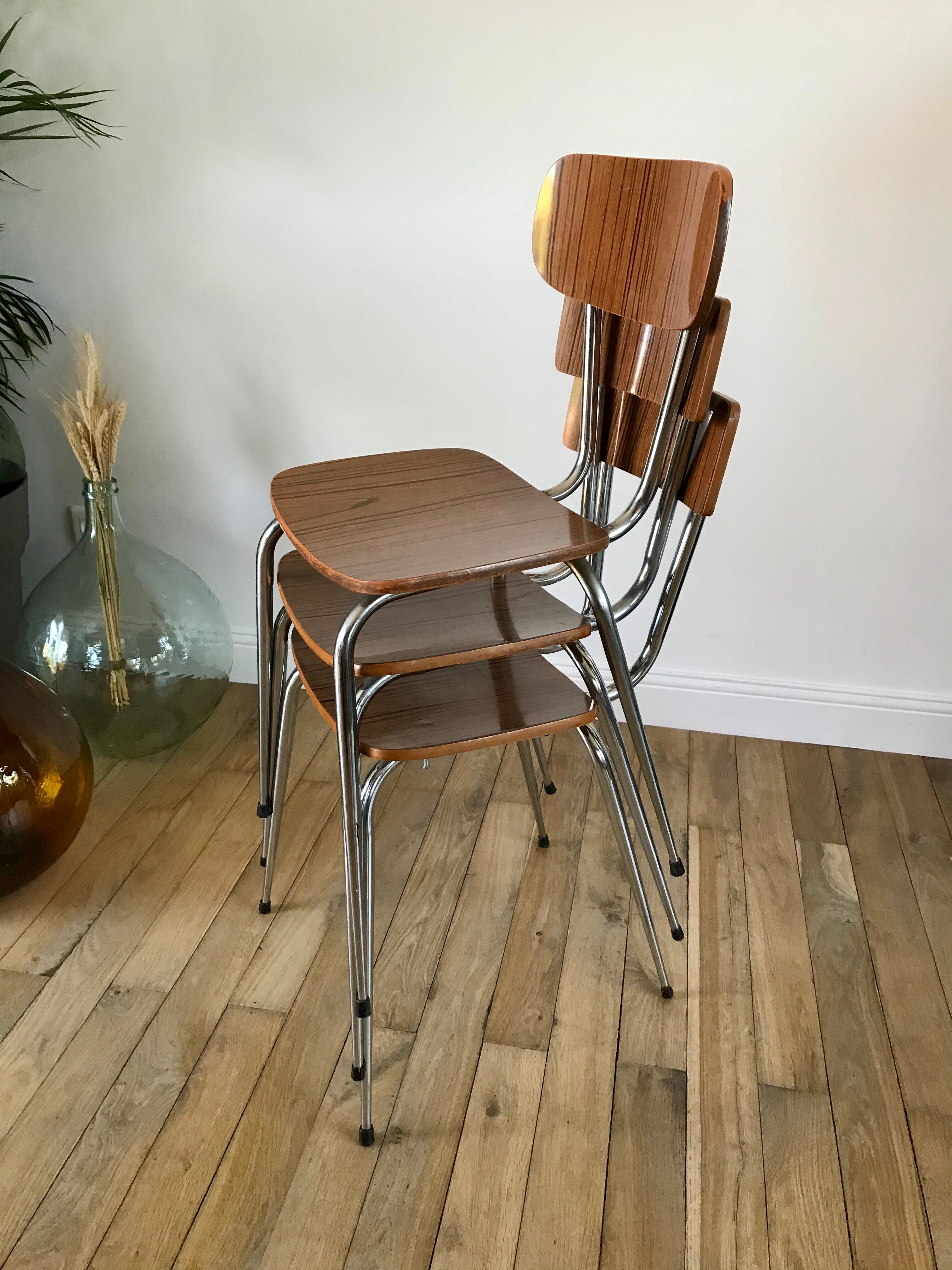 Trio of chairs in icy brown formica 70s