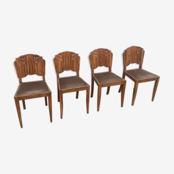 4 chaises bois et cuir art deco