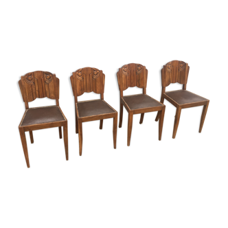 4 chaises bois et cuir art deco