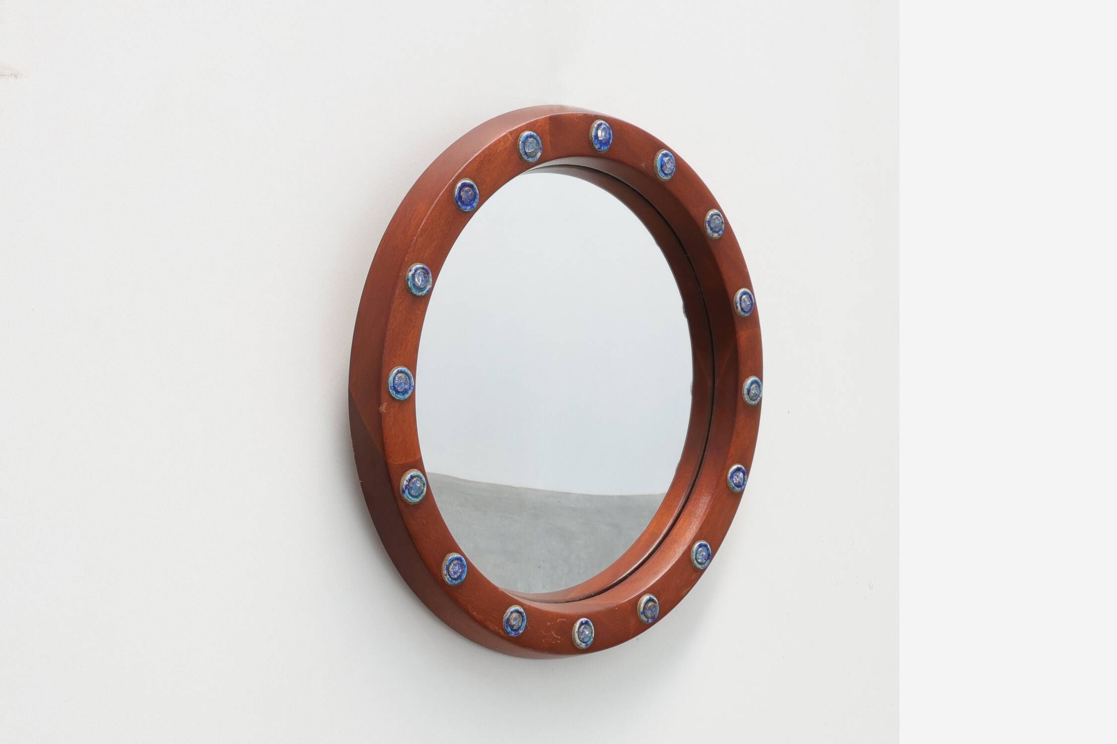 Round Teak Mirror with Blue Ceramic Stud Decoration by Deknudt, 1960s