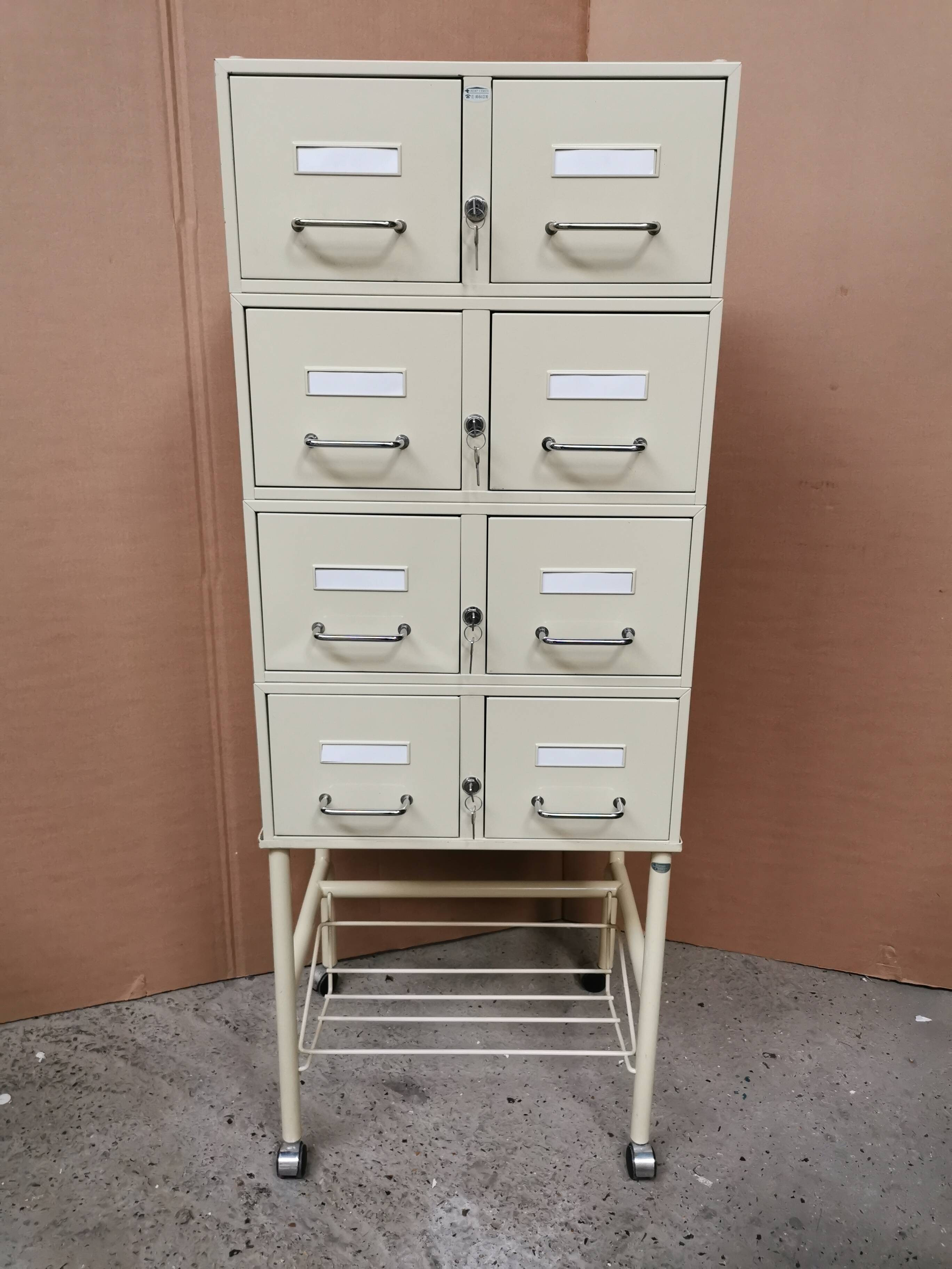 Vintage storage unit, 8 lockers, industrial design in metal
