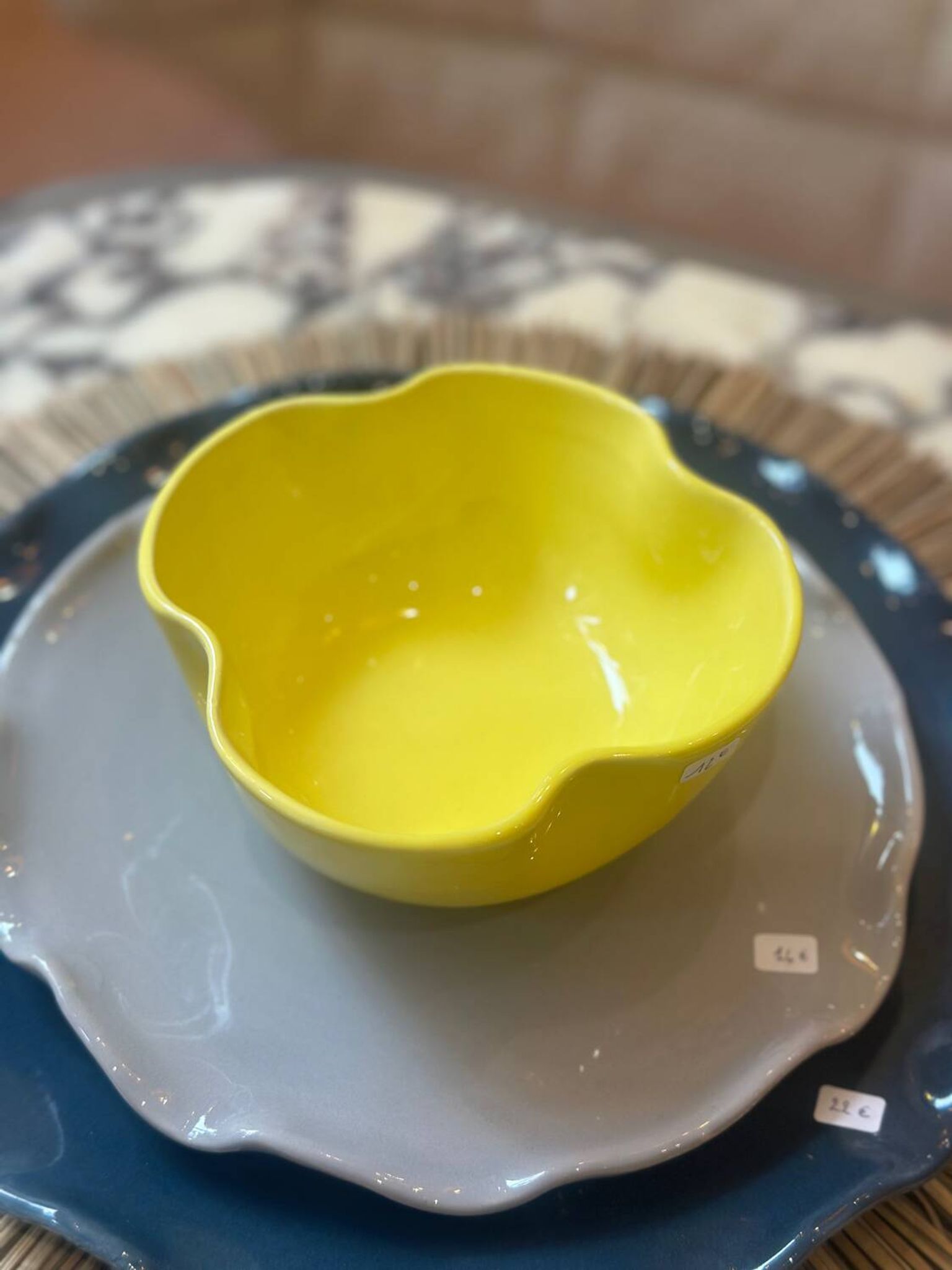 Handmade enameled ceramic bowl, lemon yellow pop clover flower