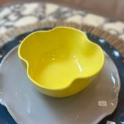Handmade enameled ceramic bowl, lemon yellow pop clover flower