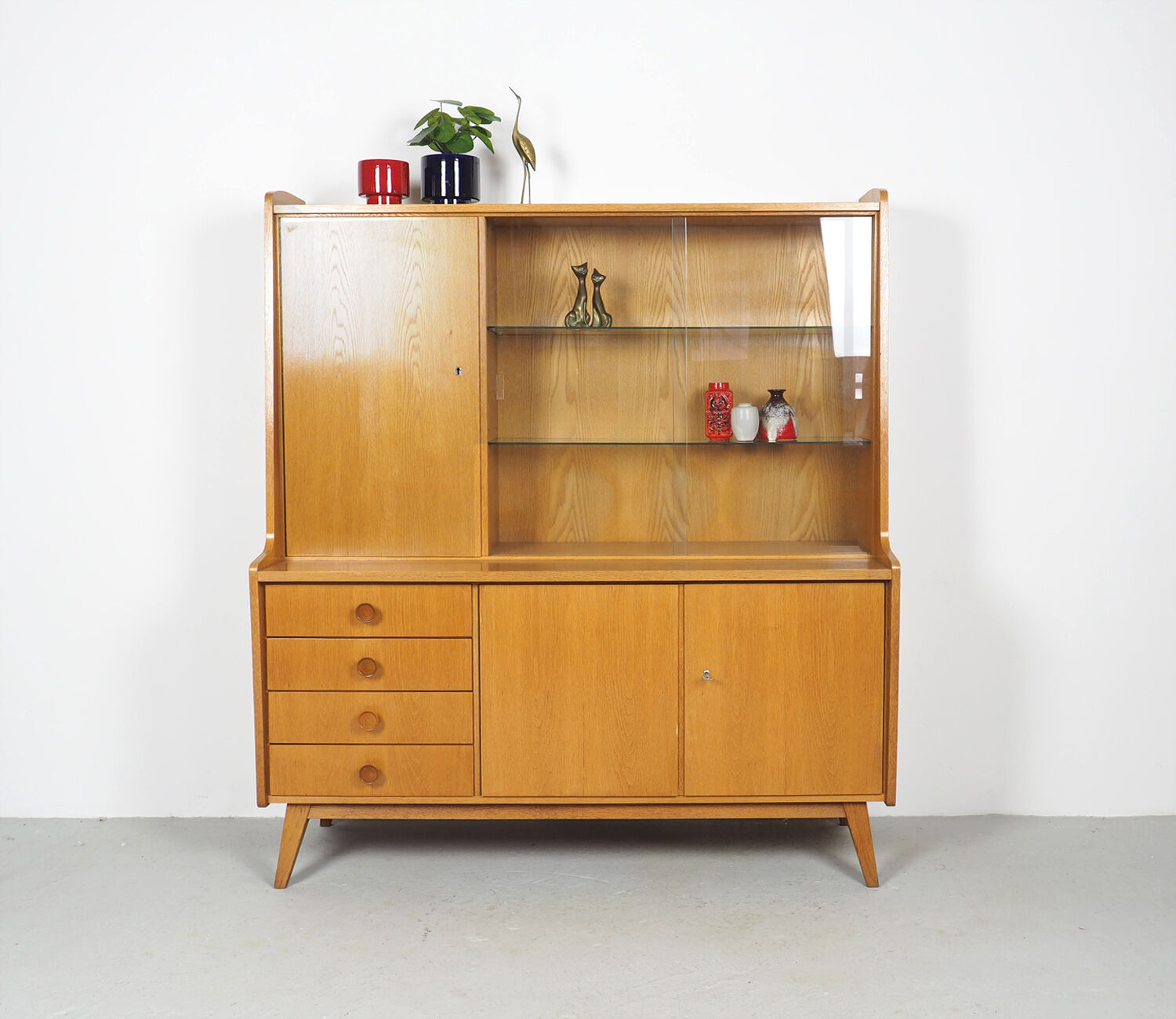 Vintage German Oak Buffet With Showcase, 1960's