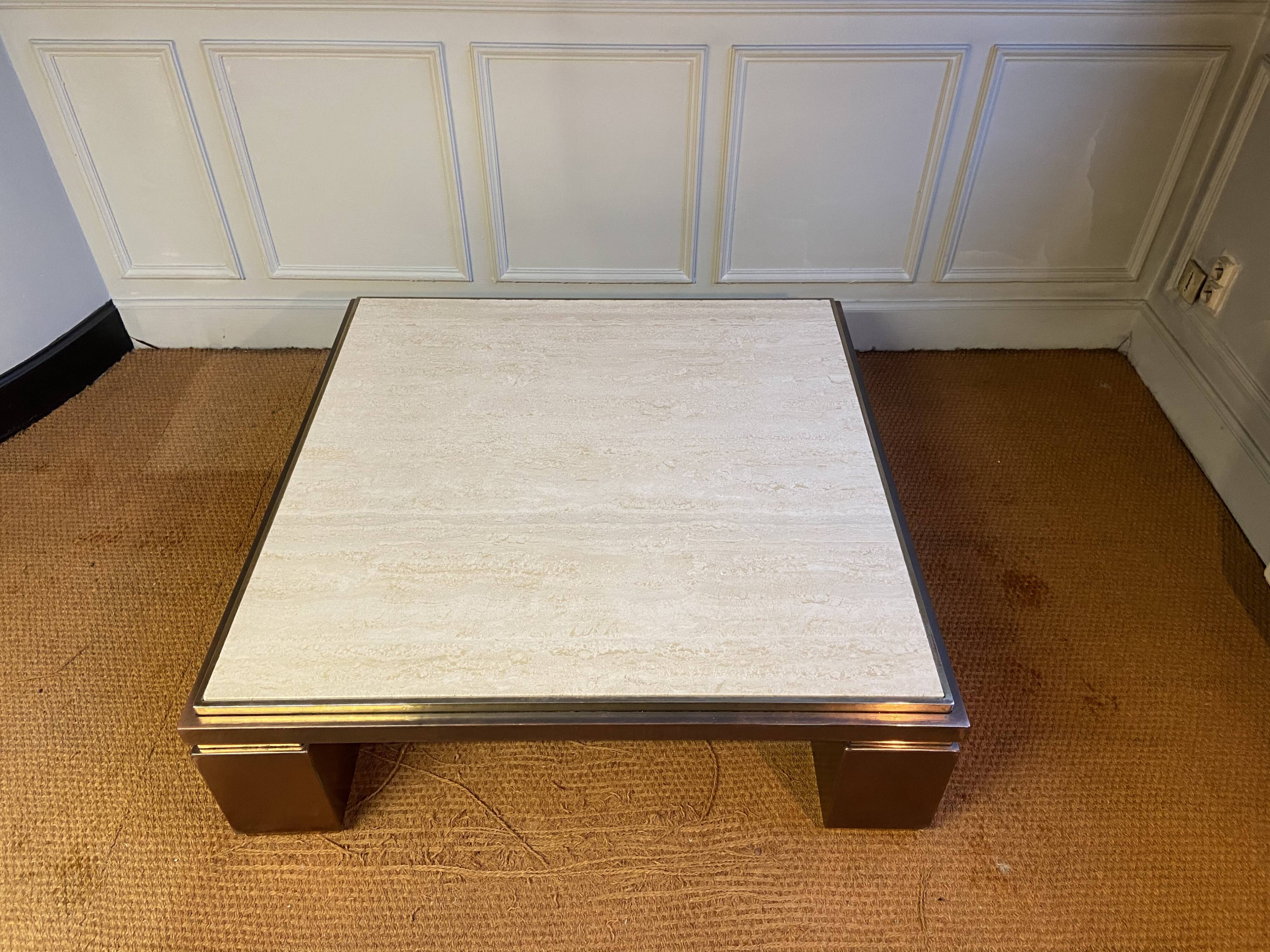 XXL copper, brass and travertine square coffee table, Belgo Chrom
