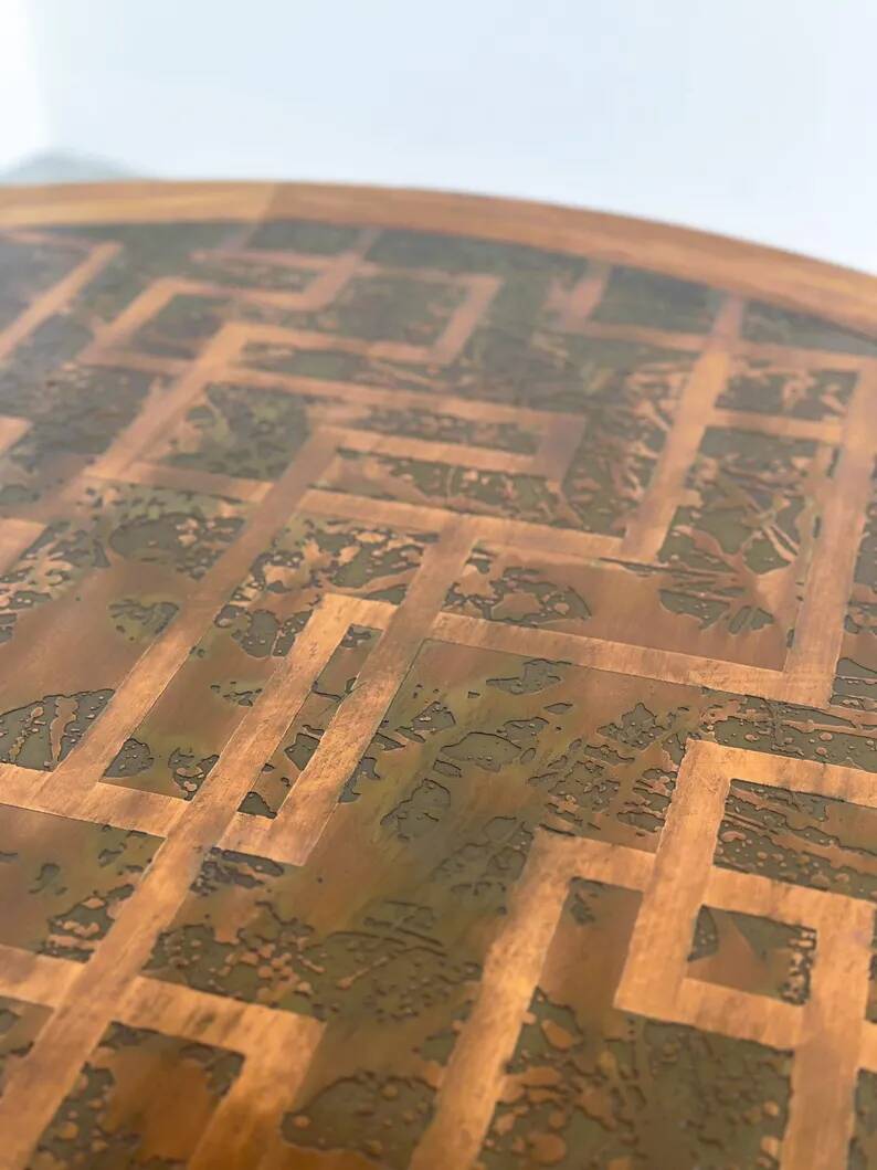 Vintage Wooden Coffee Table with Engraved Brass Top – 1970s