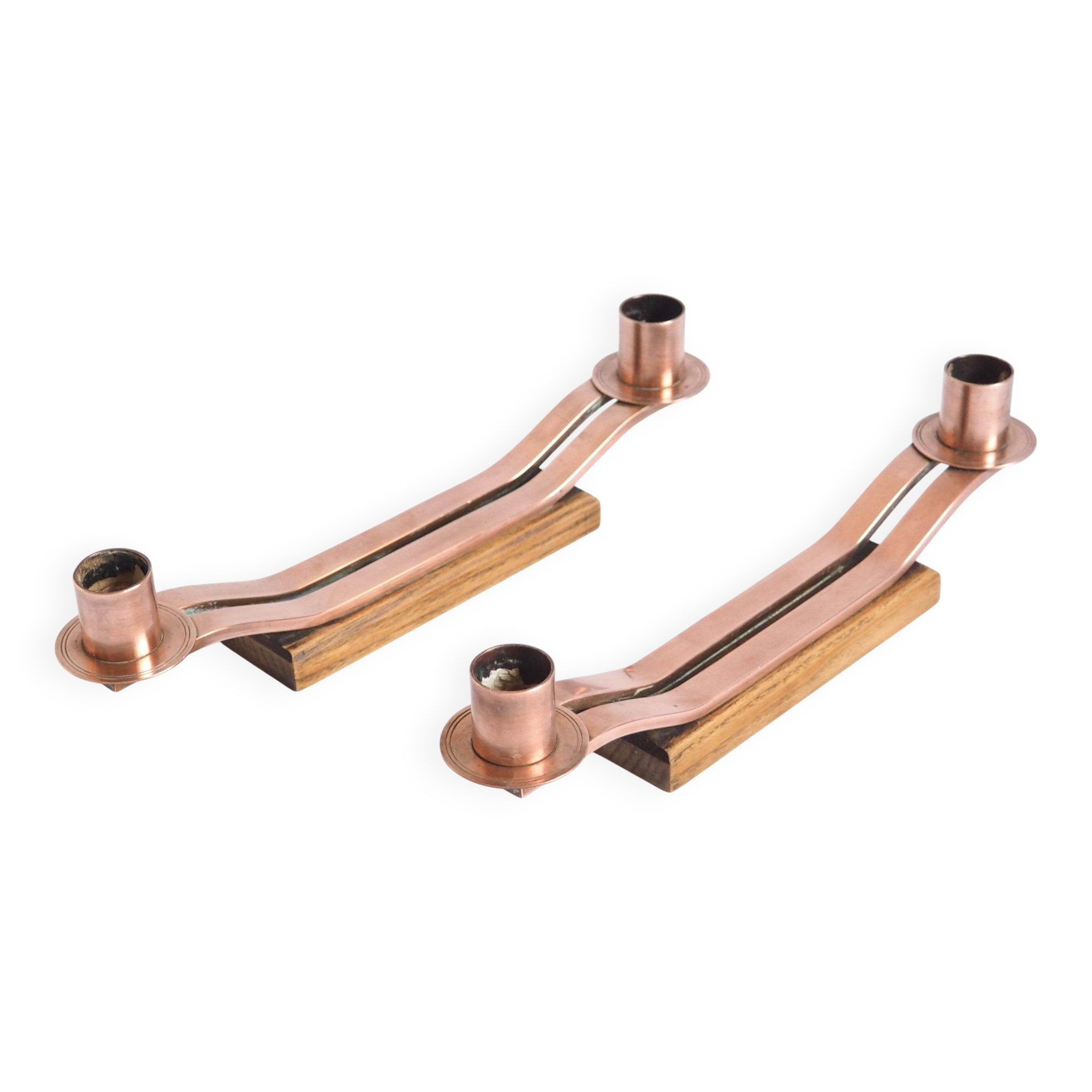 Pair of oak and copper bronze candlesticks