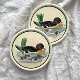 2 bottle coasters with duck decoration "Nimrod" Longwy earthenware