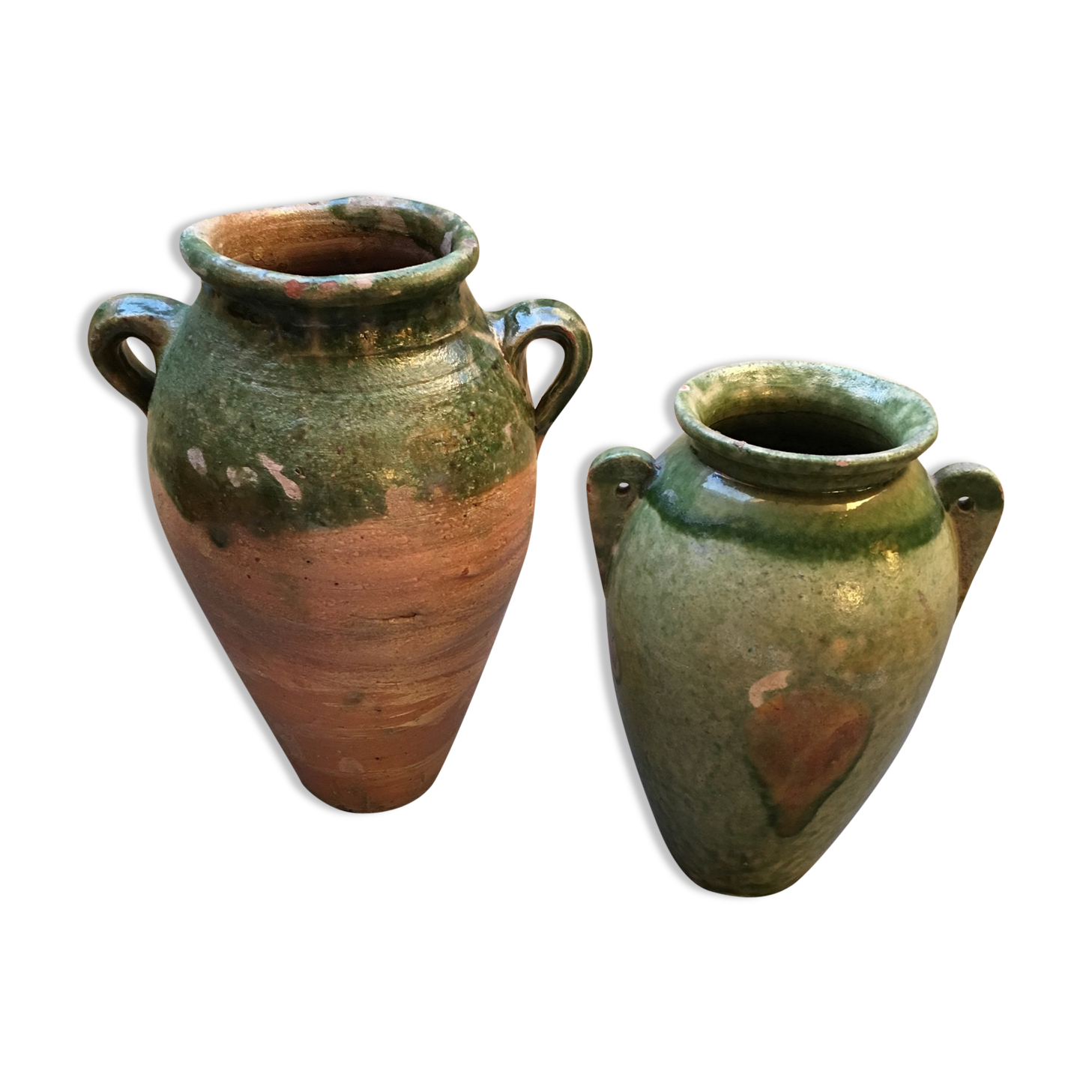 Duo de jarres terre cuite vernissées verte