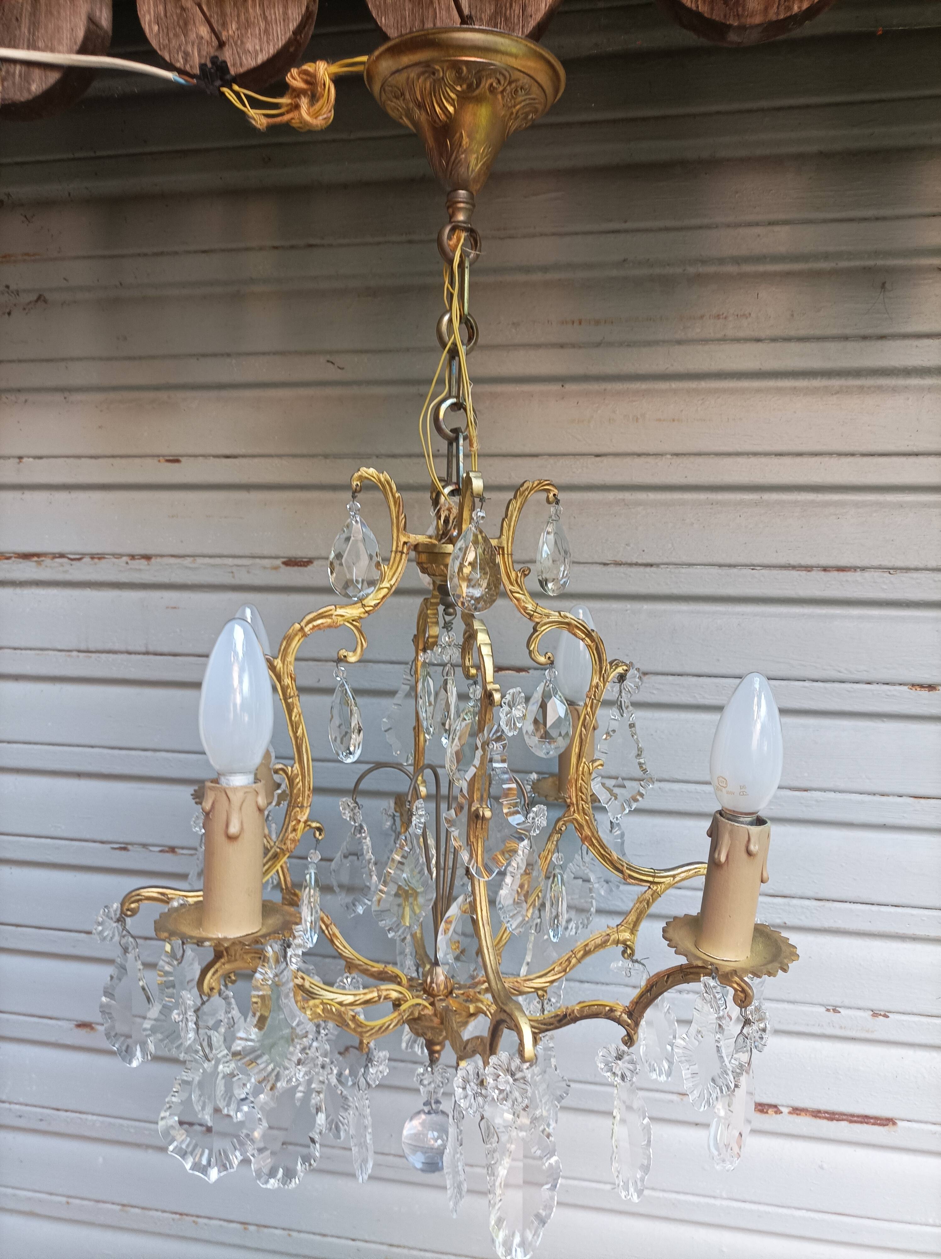 Rare old cage chandelier in gilded bronze and crystal 4 lights / WORKING CONDITION LEFT?