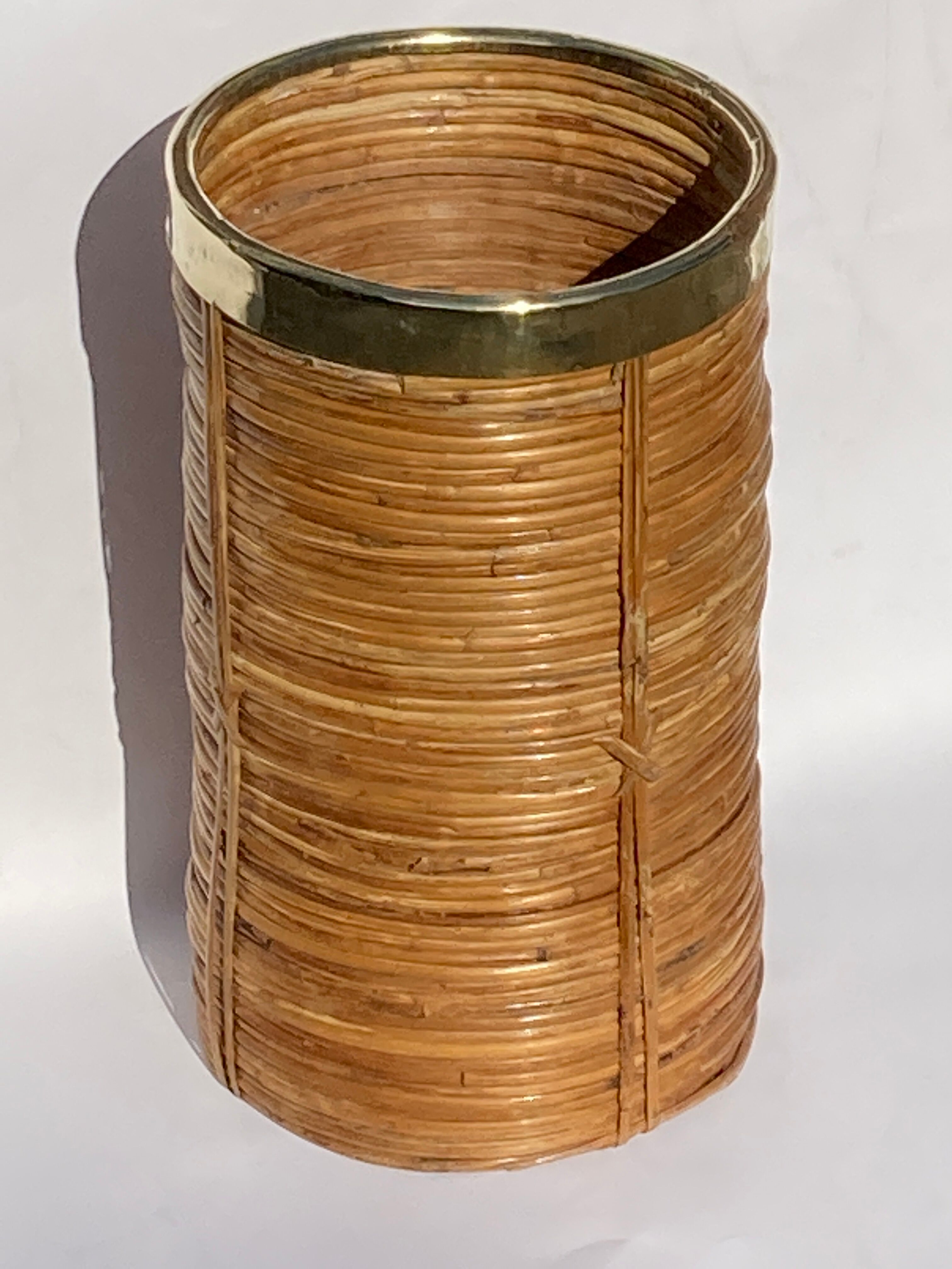 Midcentury rattan wicker and brass umbrella stand or basket