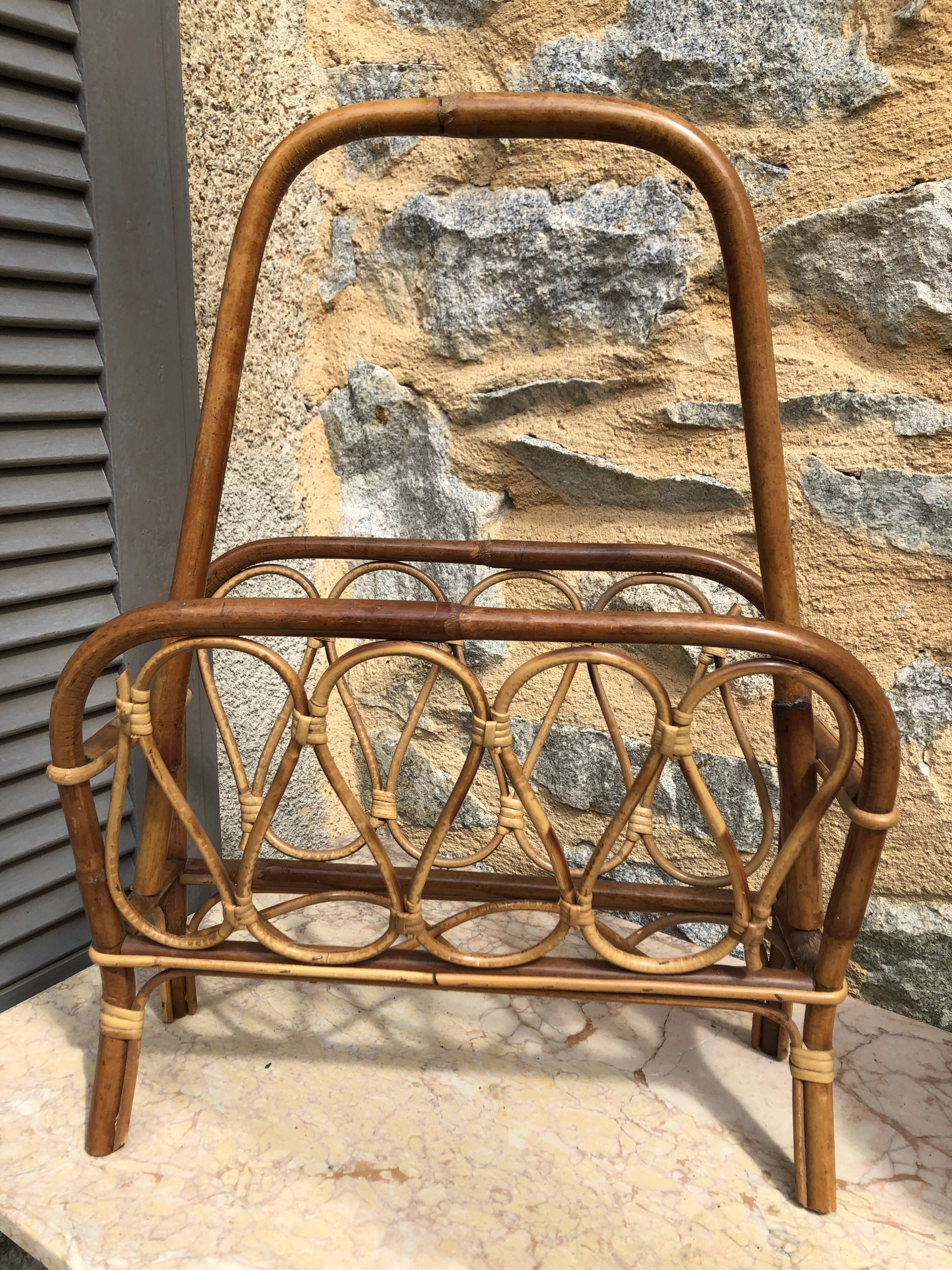 Magazine holder Bamboo and rattan vintage 1960