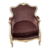 Fauteuil cabriolet Louis XV en bois massif beige et tissu velours marron