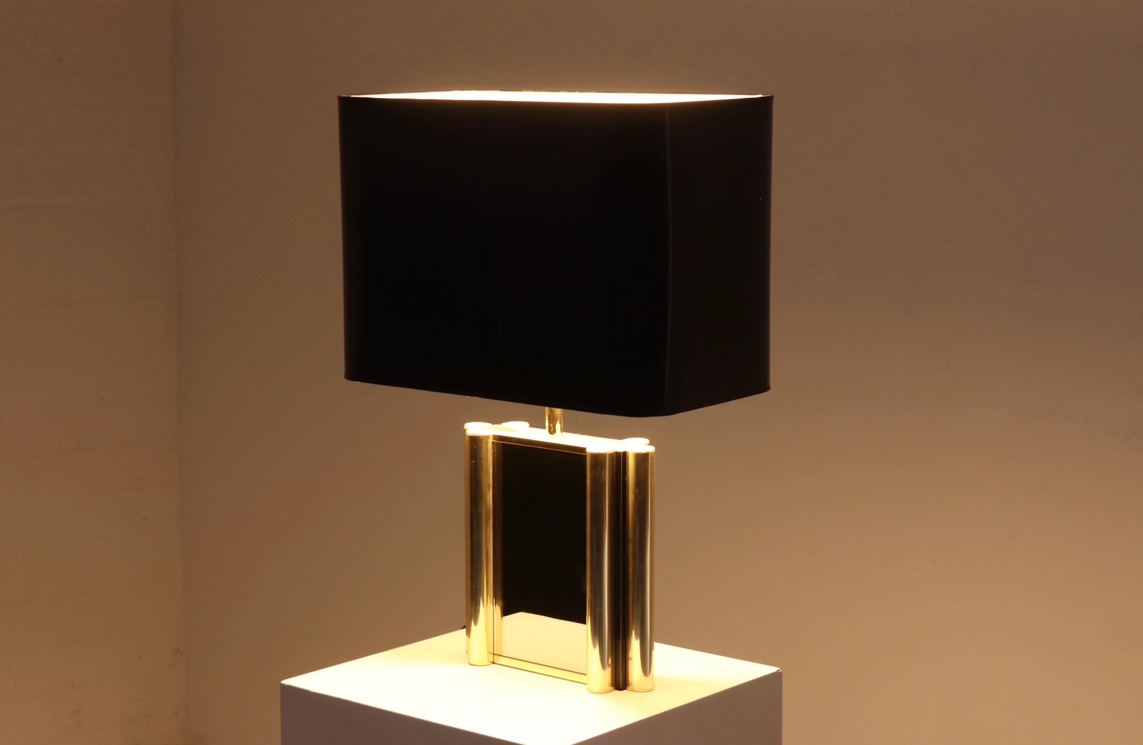 Large Belgian Table Lamp in mirror glass and Brass 1970s
