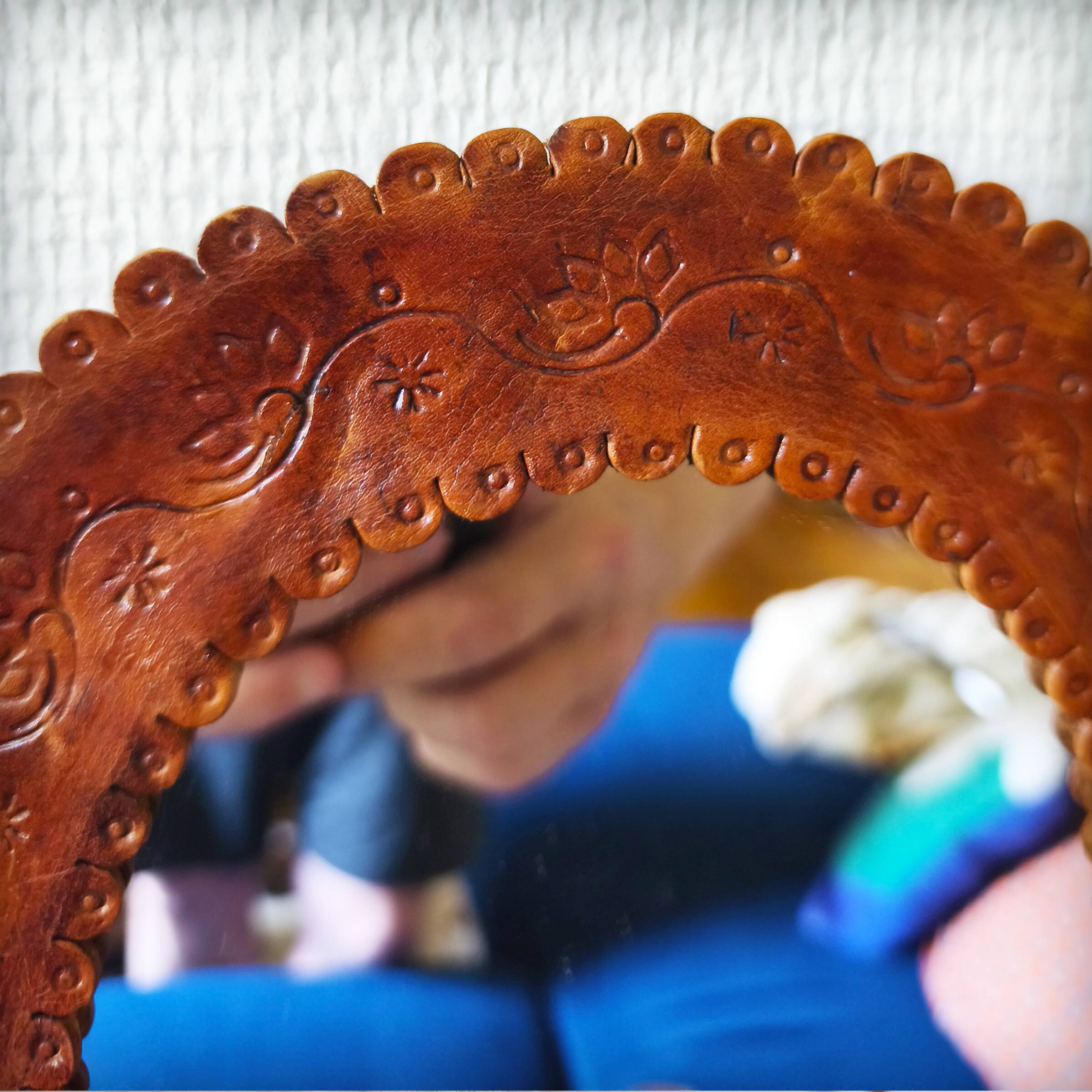 Leather repoussé mirror, Sri Lanka, 1960s