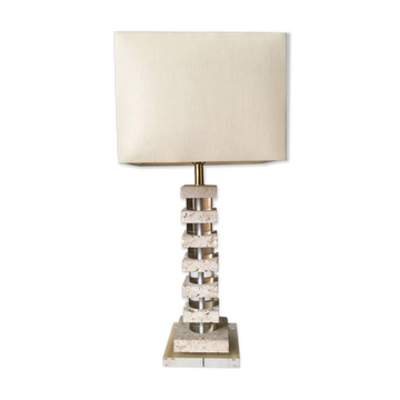 Lampe de table en travertin fossilisé et lucite manière de karl springer environ 1970'